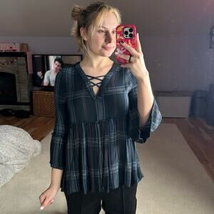 Francesca’s: Navy Plaid Babydoll Blouse